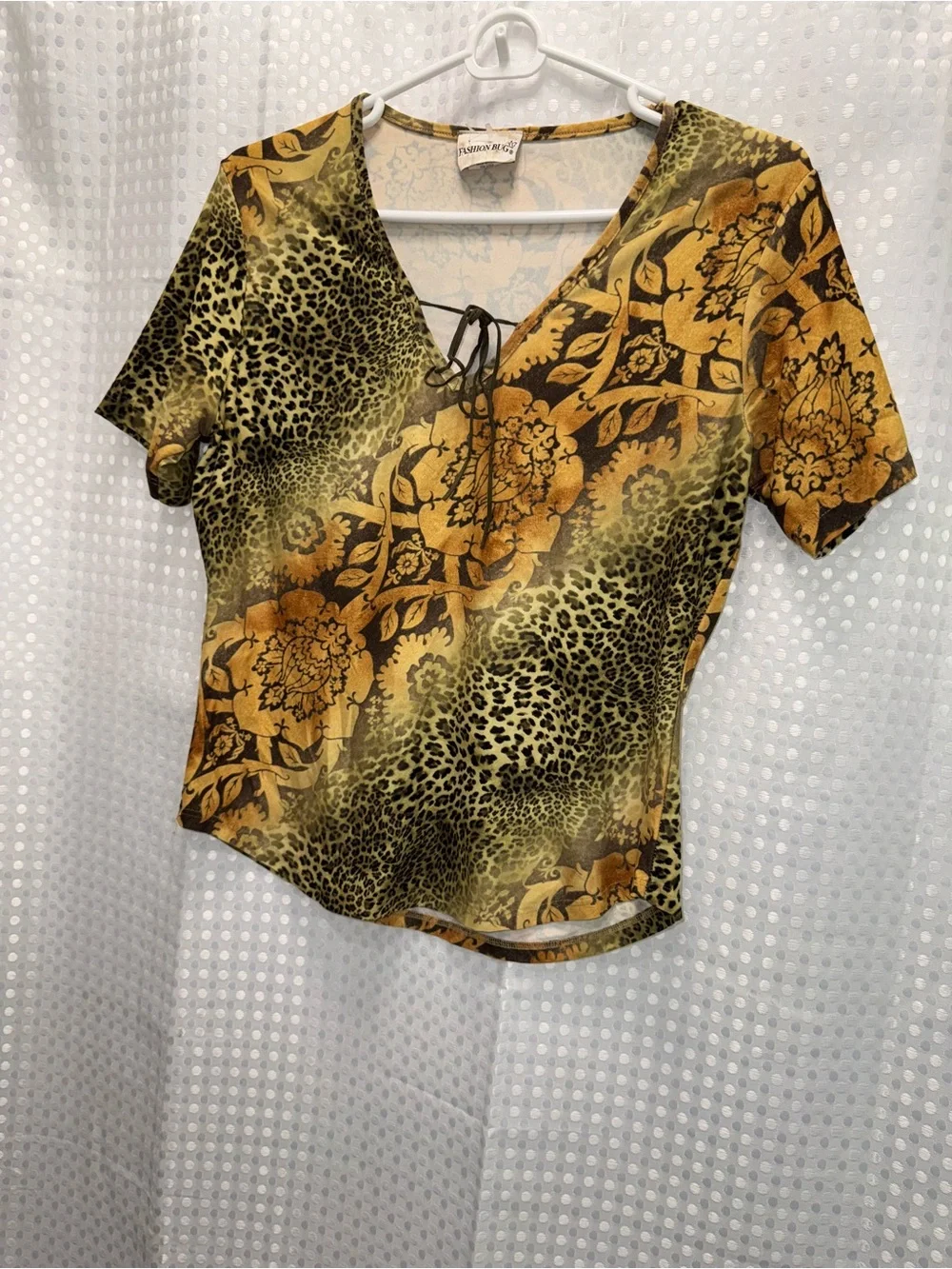 Fashion Bug Vintage Floral & Animal Cheetah Print Lace-Up Women's Blouse Mustard